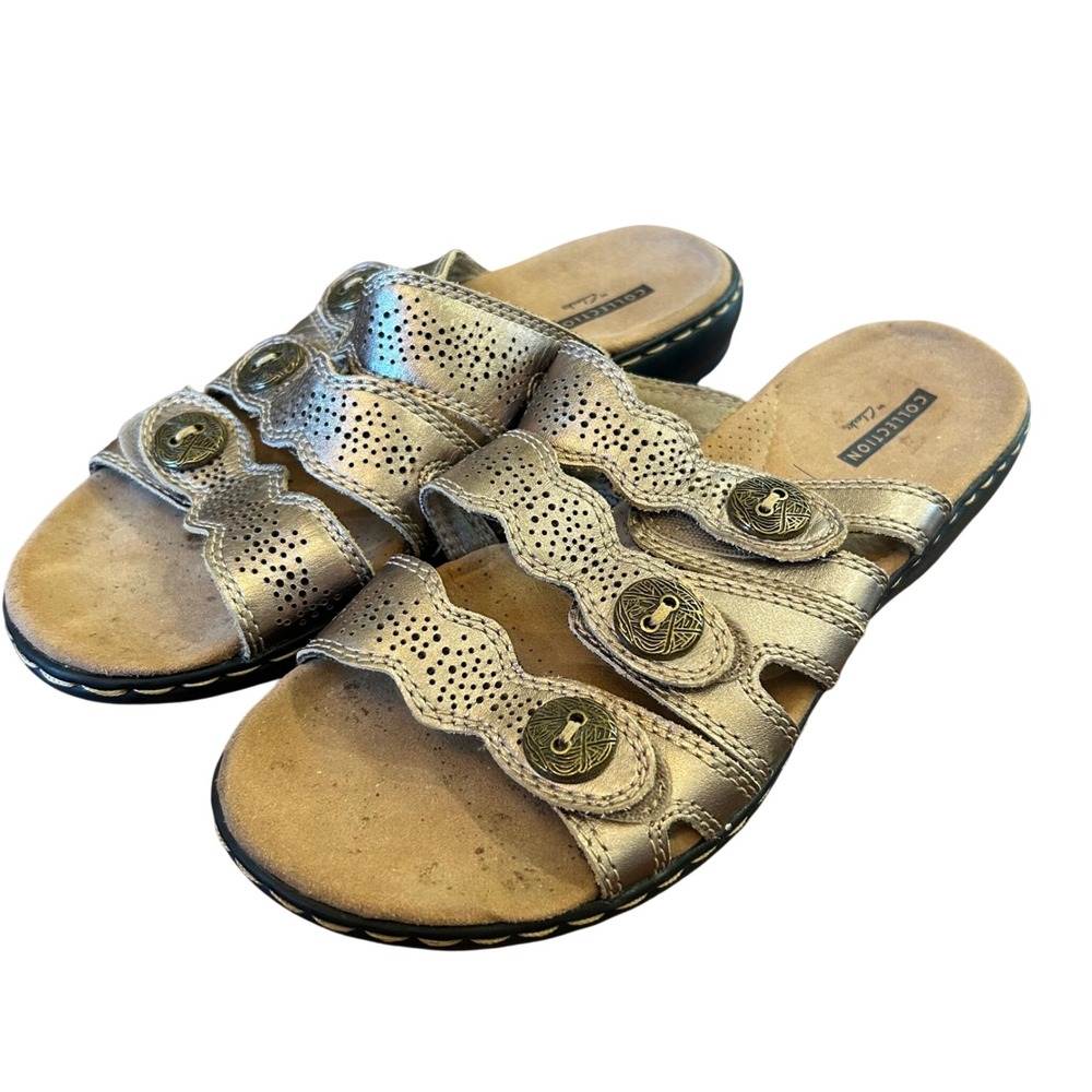 Clarks Slide Sandals Womens Pewter Metallic Leather Perforated Leisa 7M